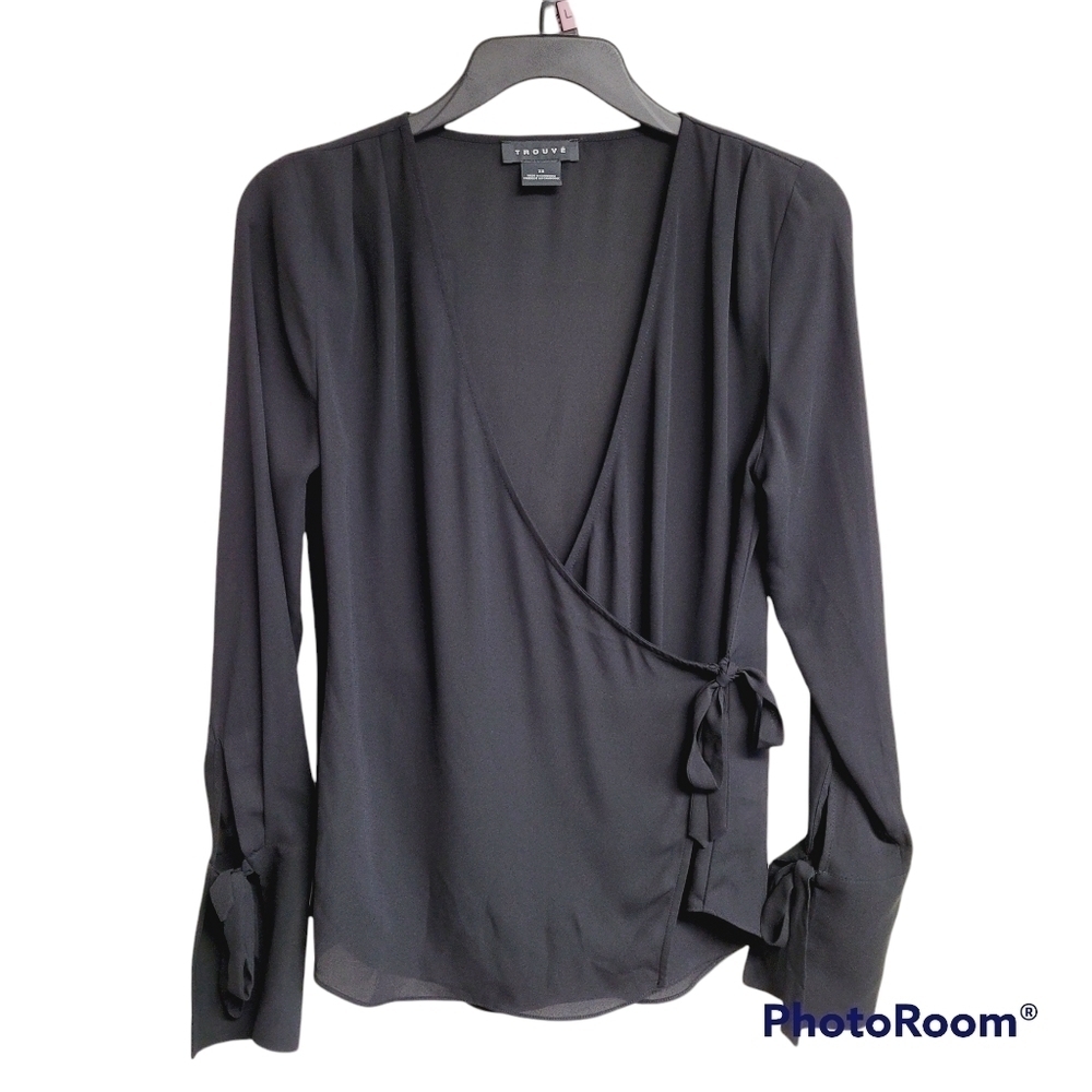 Trouve black sheer‎ long sleeve wrap top - Picture 4 of 10
